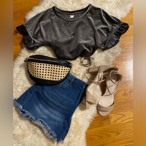 Old Navy Glitter-Velvet Charcoal Ruffle Short Sleeve Top